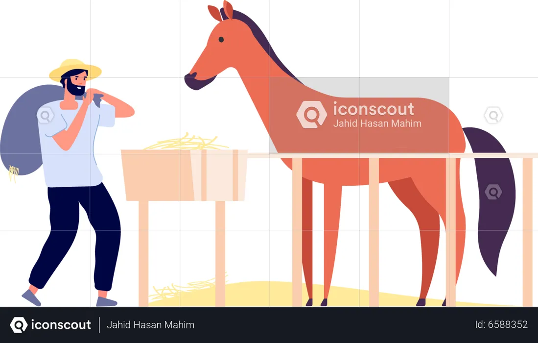 Farmer feeding food to horse  Illustration