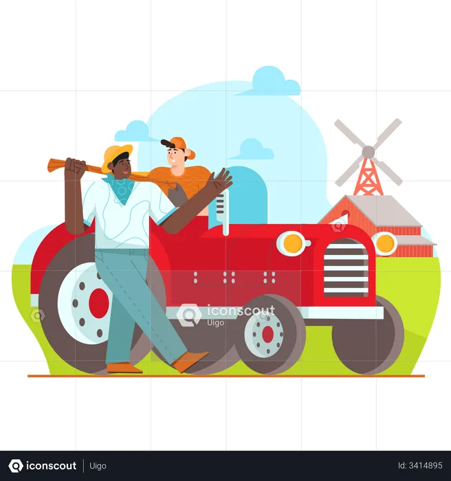 Farmer going to farm using tractor  Illustration