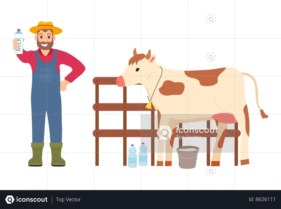 Farmer holding bottle of milk  Illustration