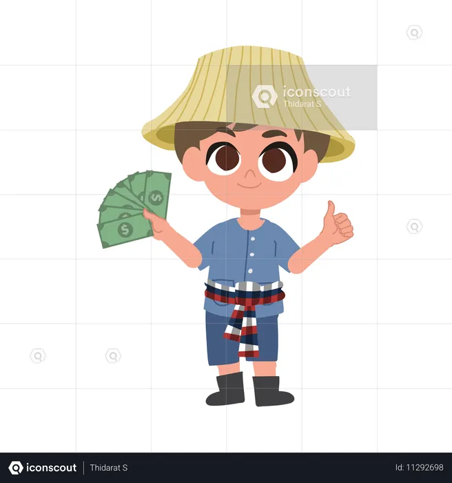 Farmer Holding Cash Fan And Giving Thumbs Up In A Joyful And Successful  Illustration