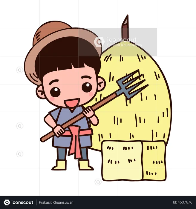 Farmer holding fork standing near hay  Illustration