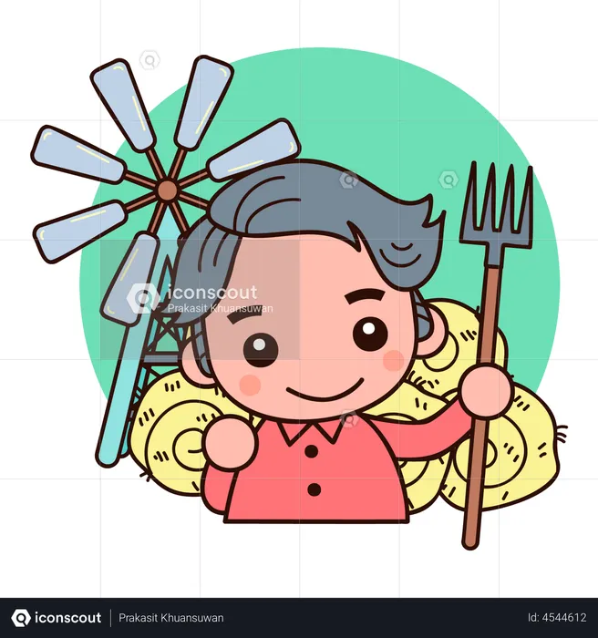 Farmer holding fork standing near hay  Illustration