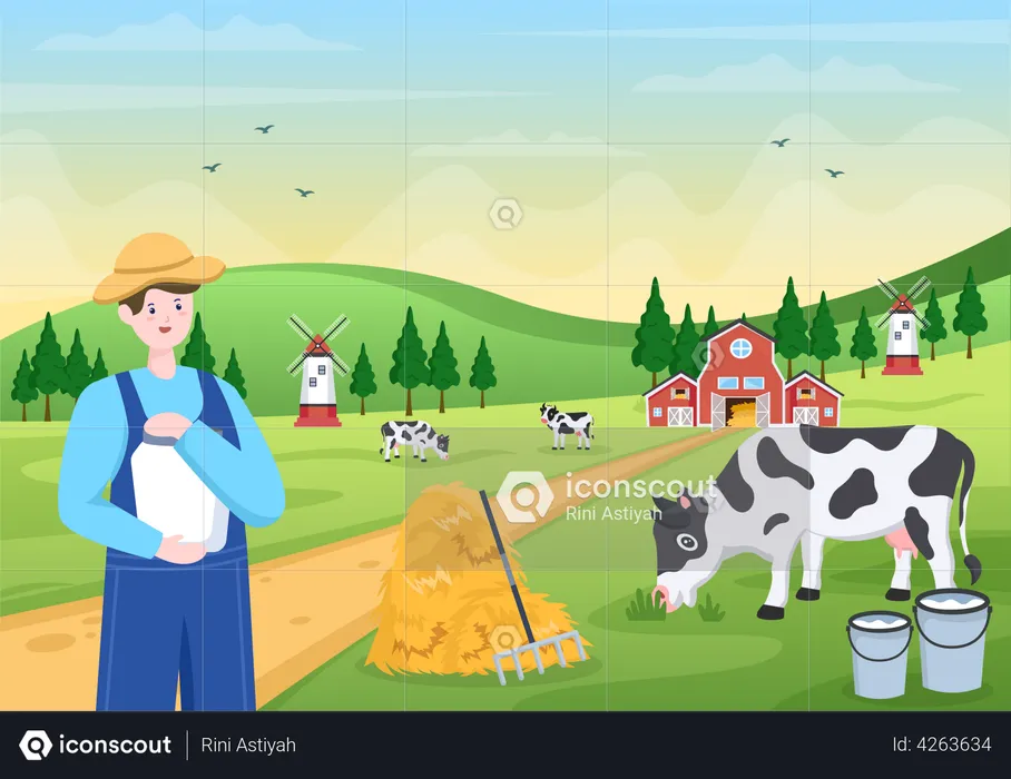 Farmer holding milk bottle  Illustration