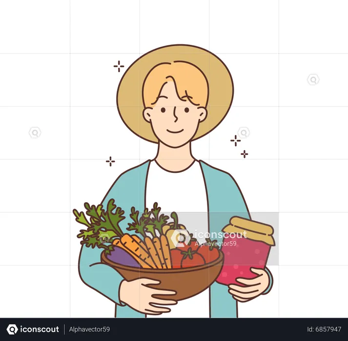 Farmer holding vegetable basket and jam jar  Illustration