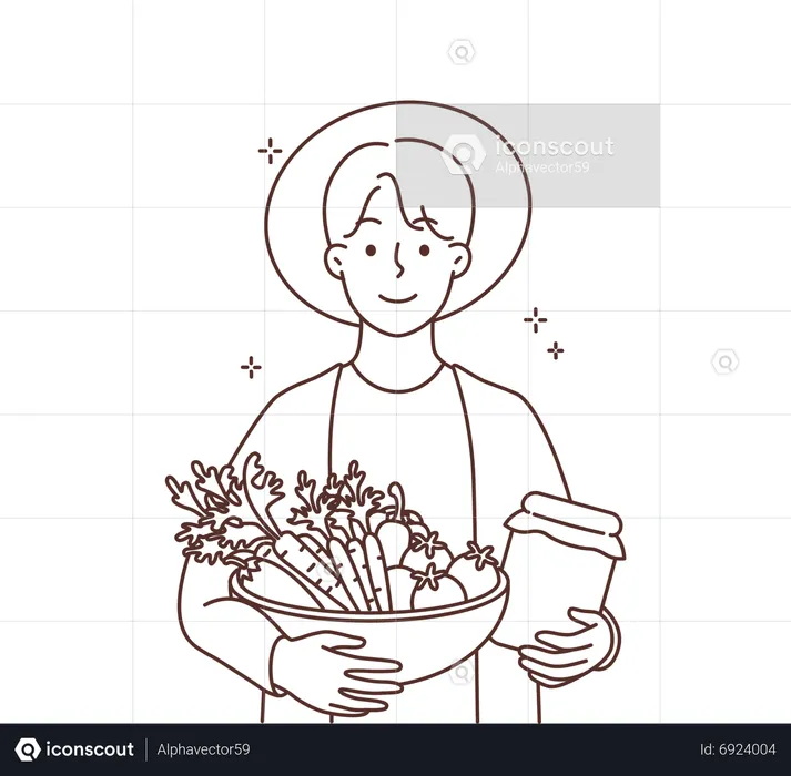 Farmer holding vegetable basket and jam jar  Illustration
