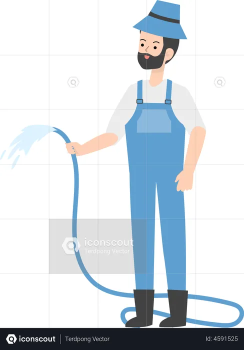Farmer holding watering pipe  Illustration