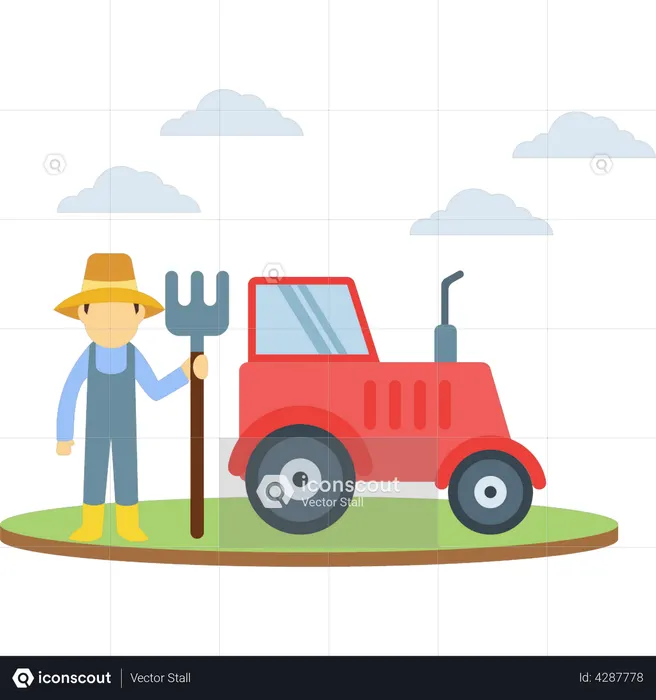 Farmer is standing with pitchfork and tractor  Illustration