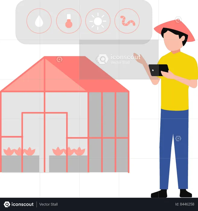 Farmer maintains the greenhouse system  Illustration