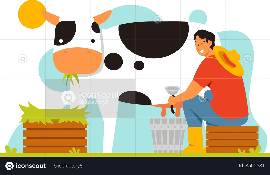 Farmer Milking a Cow  Illustration