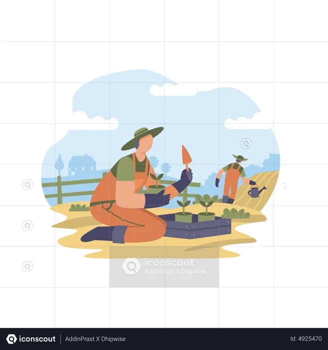 Farmer planting sprouts into the ground  Illustration