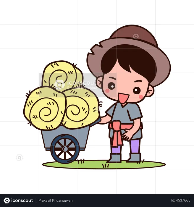 Farmer pushing hay straw trolley  Illustration