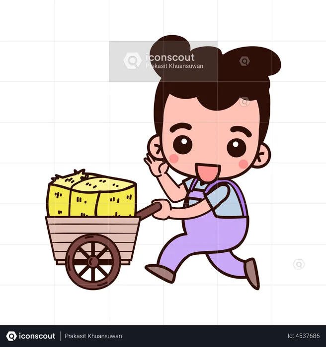 Farmer pushing hay wheelbarrow  Illustration