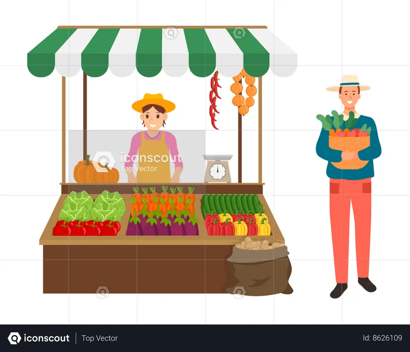 Farmer selling organic vegetables  Illustration