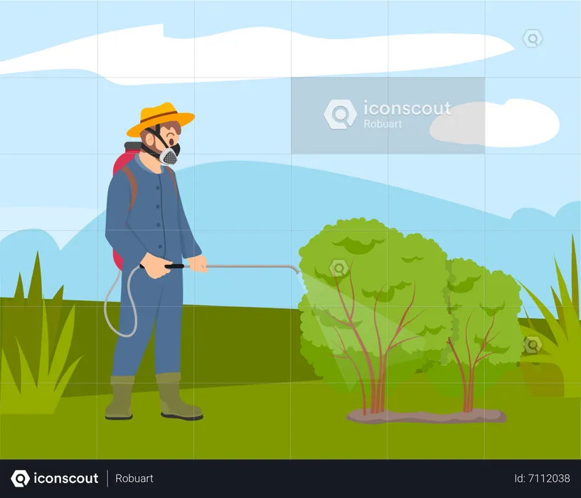 Farmer Spraying insecticide exterminator on plants  Illustration