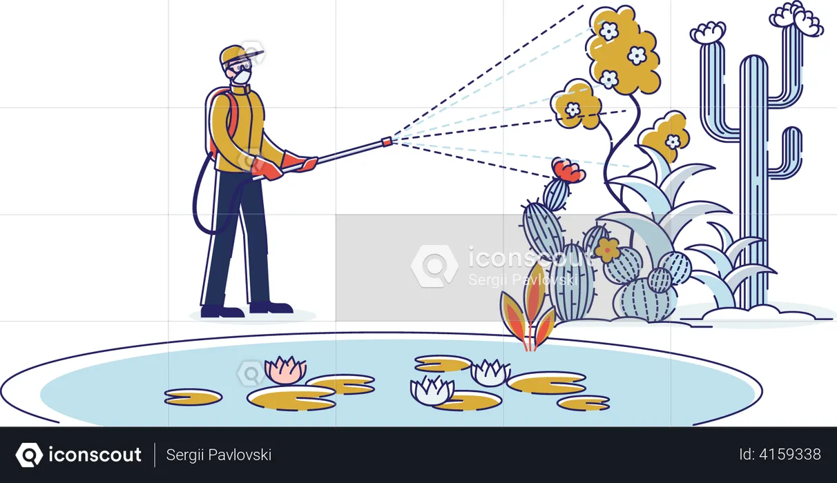 Farmer spraying pesticides to the plants  Illustration