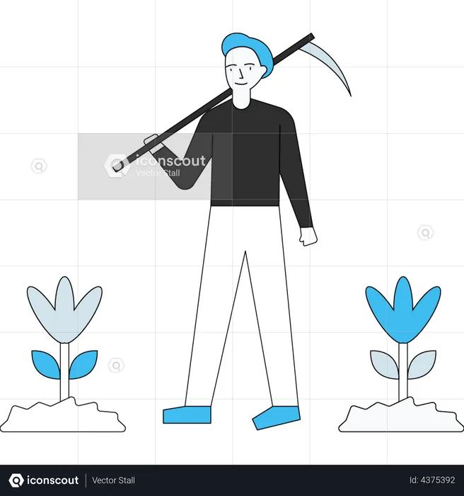 Farmer standing in farm with pick axe  Illustration