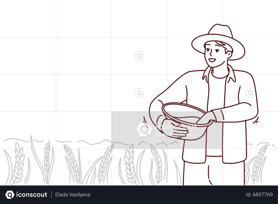 Farmer throwing seeds at farm  Illustration