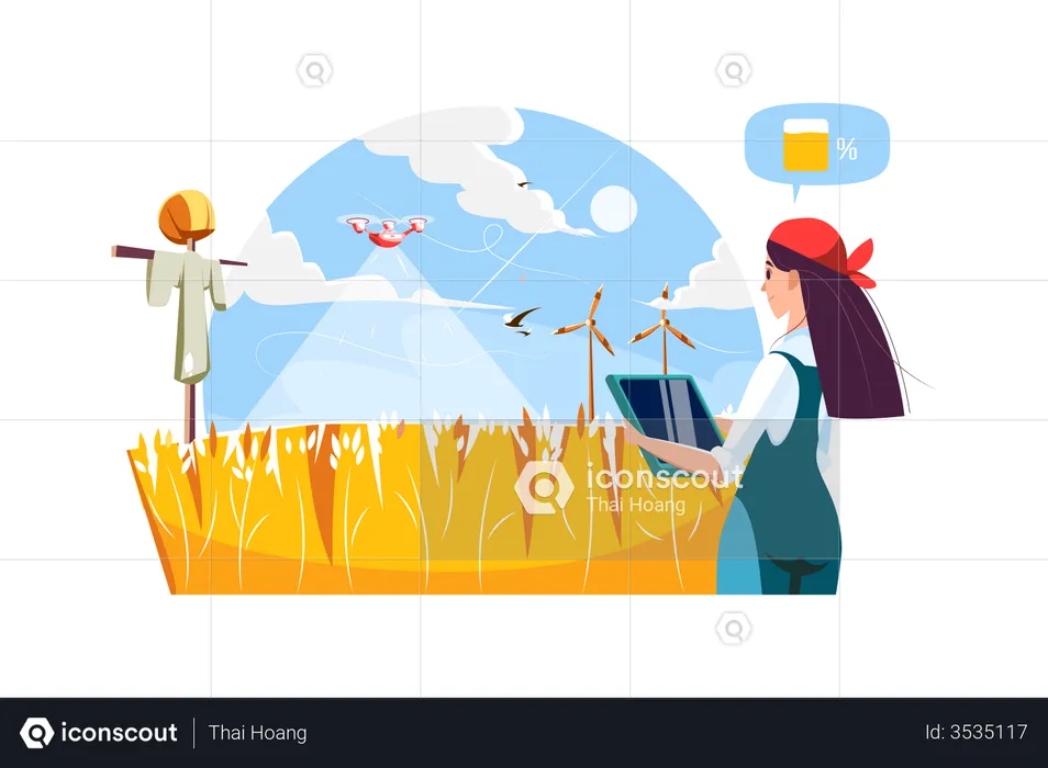 Farmer using drone to watering farm field using tablet  Illustration