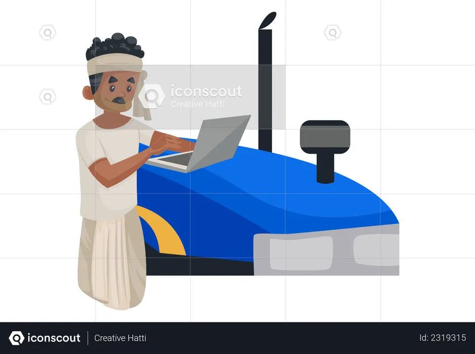 Farmer using laptop on tractor top  Illustration