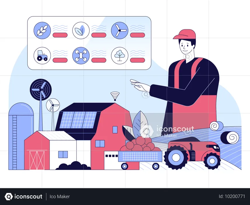 농장 모니터링을 위해 태블릿을 사용하는 농부  일러스트레이션
