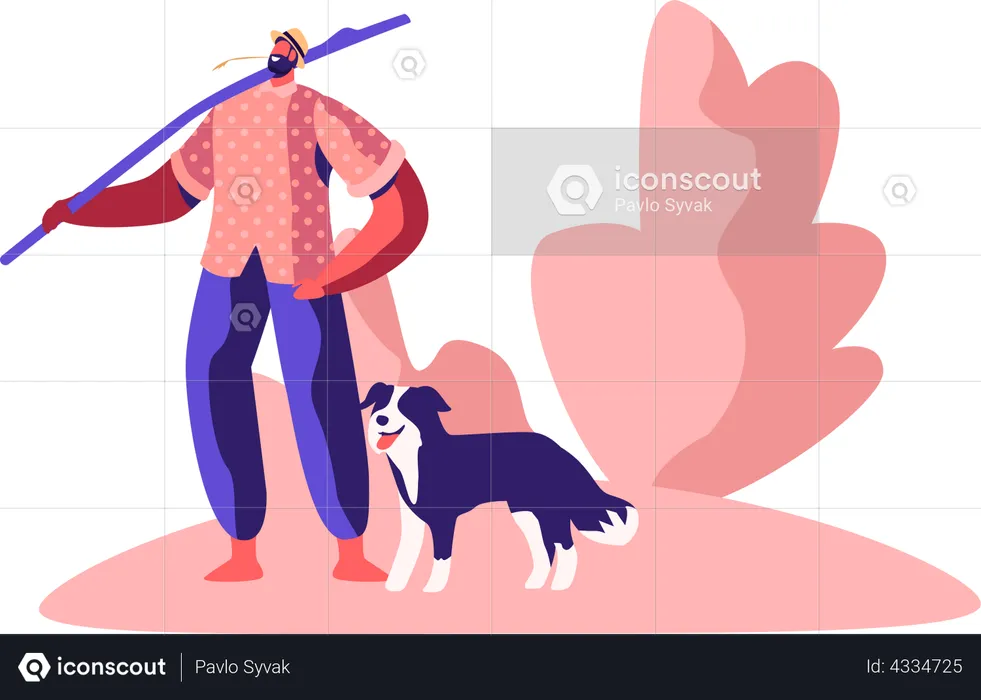 Farmer Walking Outdoors with Dog  Illustration