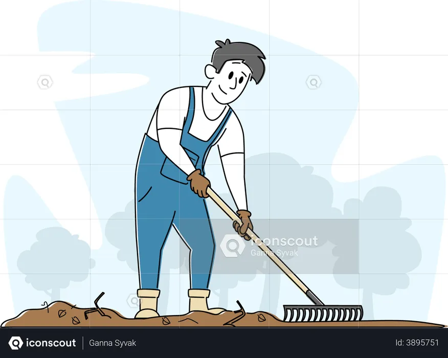 Farmer weeding land to grow crops using pitchfork  Illustration