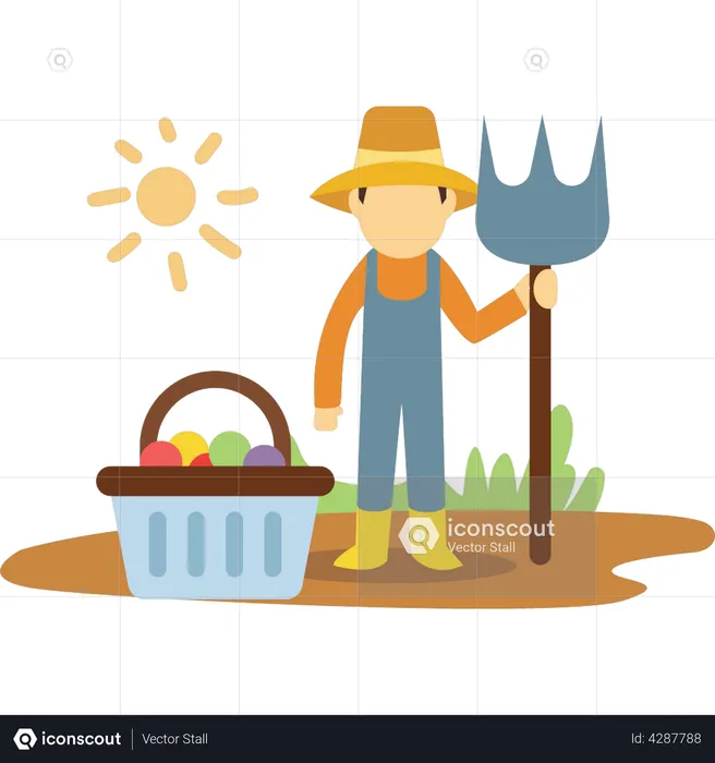 Farmer with pitchfork near fruit bucket  Illustration
