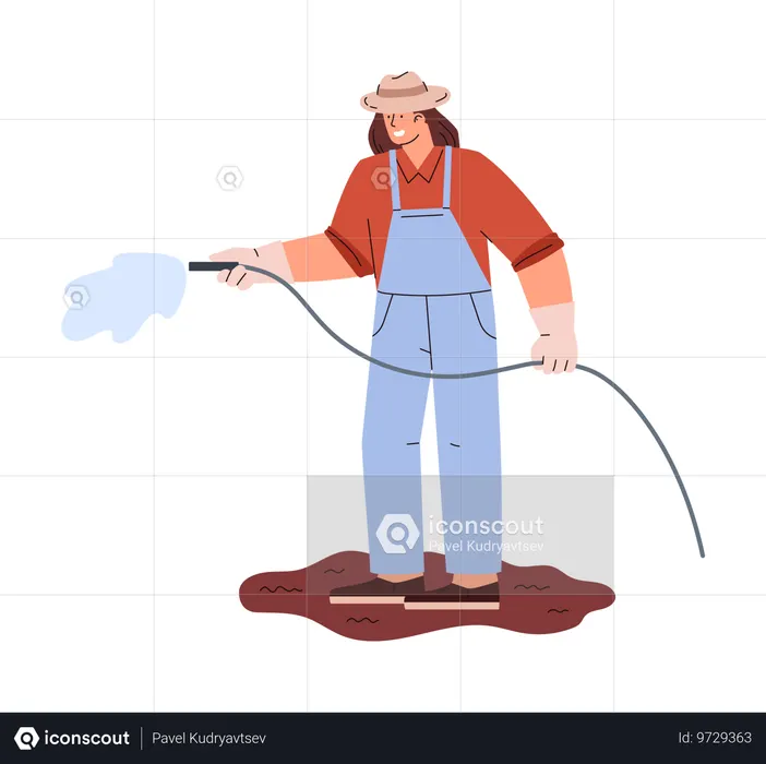 Farmer worker watering plants with hose  Illustration