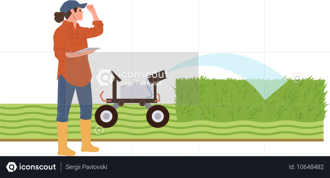 Farmer working on field using remote controlled irrigation electronic machine  Illustration