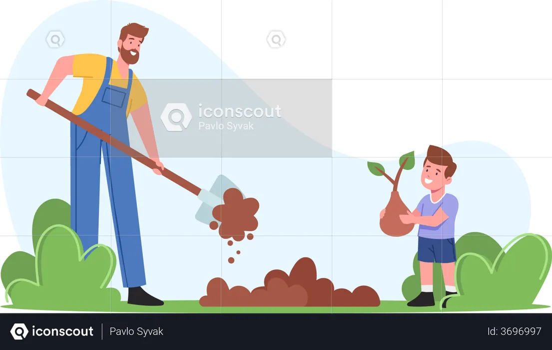 Farmers or Cottagers Working in Garden  Illustration