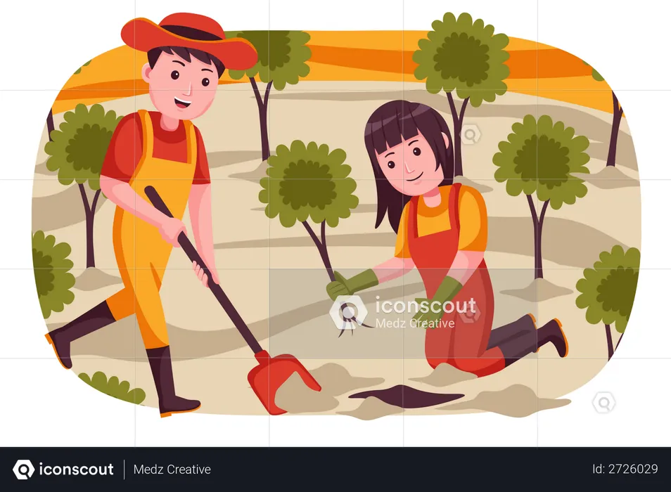 Farmers planting trees in farm  Illustration