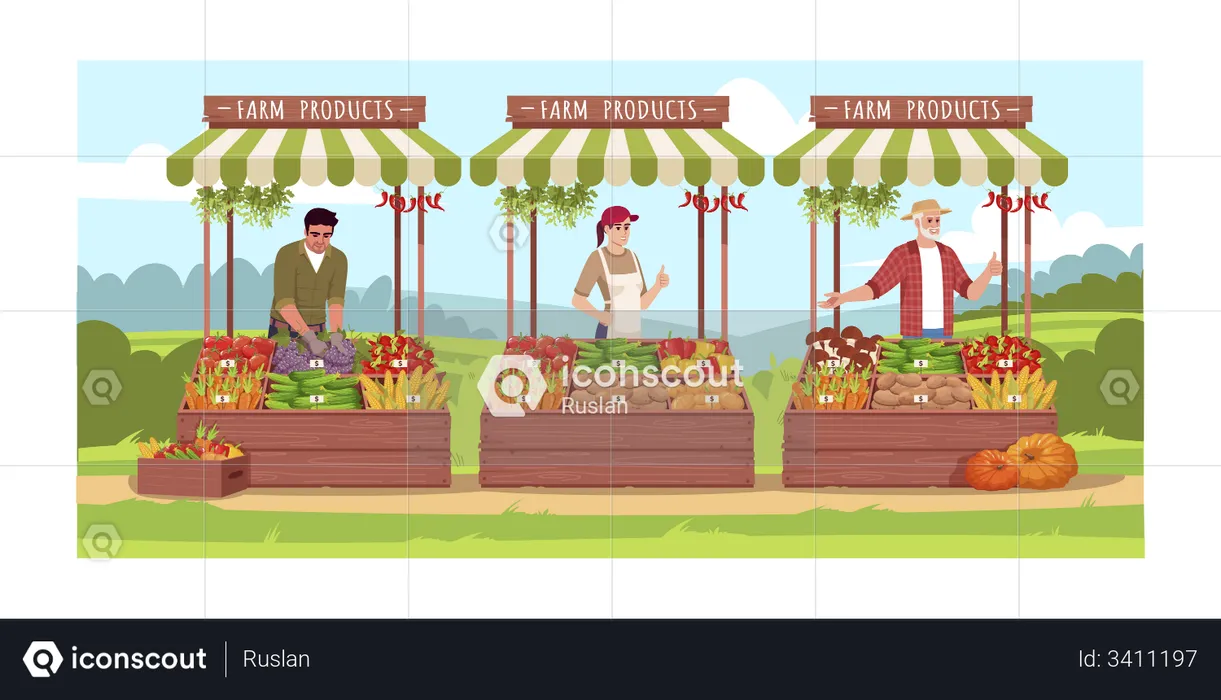 Farmers sell vegetables and fruits  Illustration