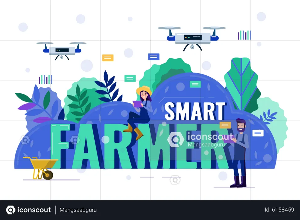 Farmers using smart monitors to manage their garden farm  Illustration