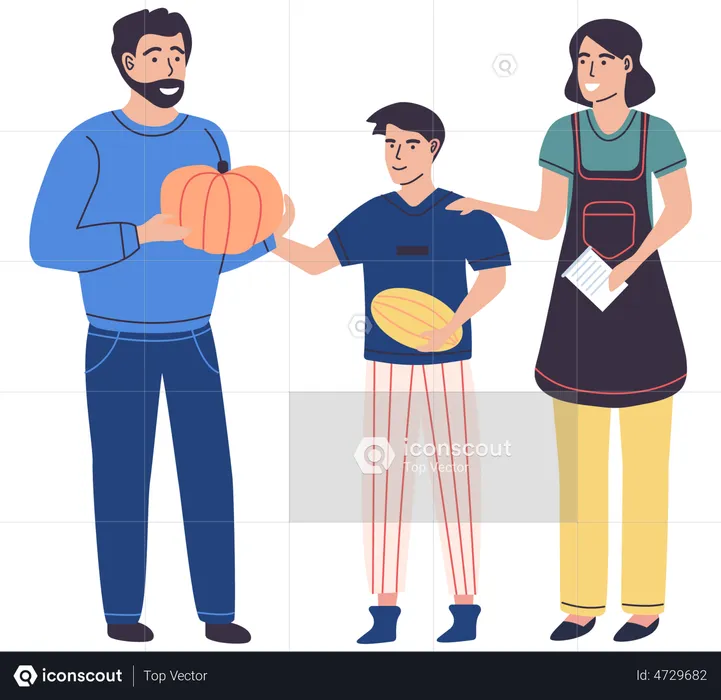 Farming family sell organic products  Illustration