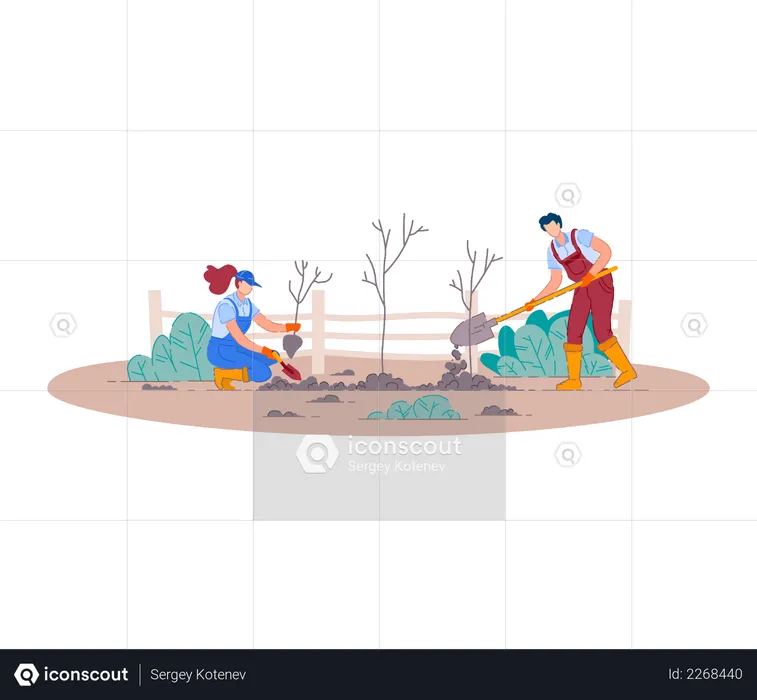 Farming people digging with shovel  Illustration