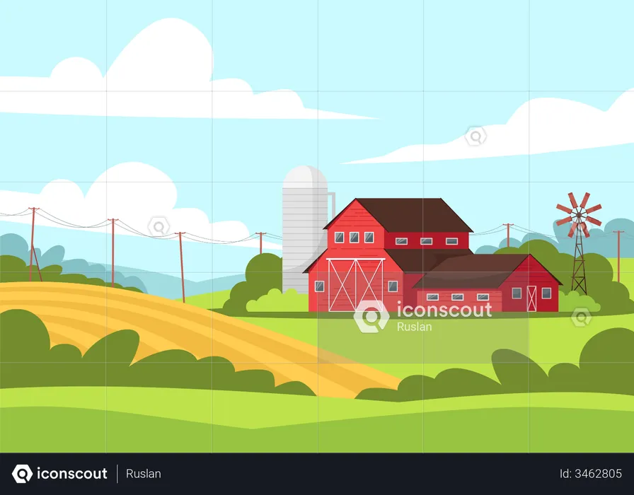 Farmland With Barn  Illustration