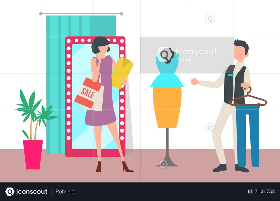 Fashion assistant showing clothes to client  Illustration