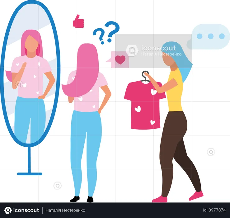 Fashion assistant suggesting dress to female customer  Illustration