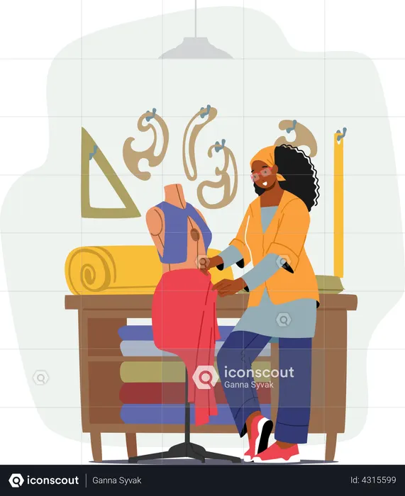 Fashion Designer Character Projecting Garment on Mannequin  Illustration