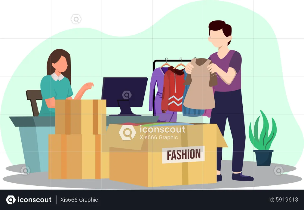 Fashion designer putting cloth in delivery box  Illustration