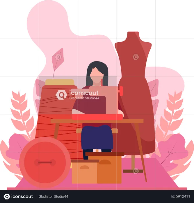 Fashion designer working on sewing machine  Illustration