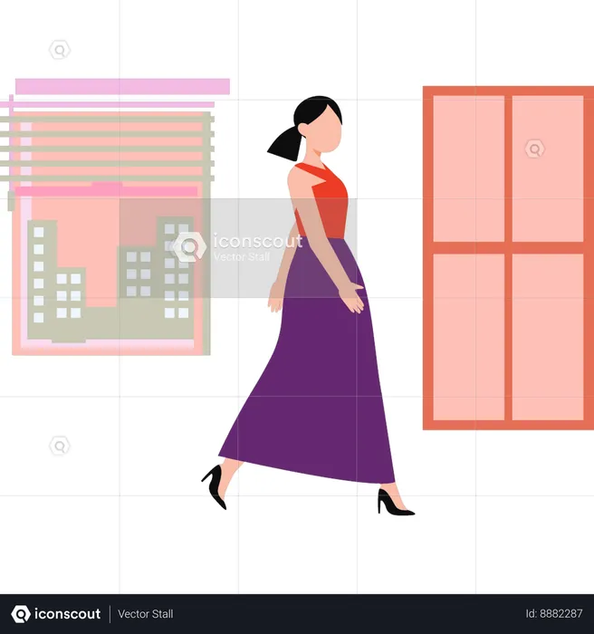 Fashion lady is walking in long dress  Illustration