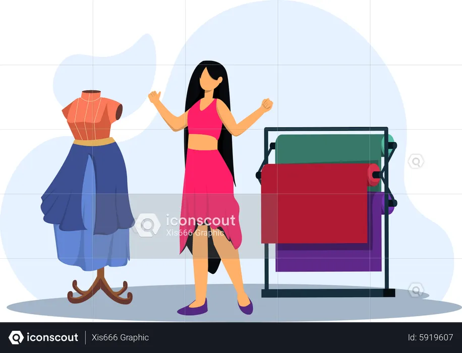 Fashion seamstress with new dress  Illustration