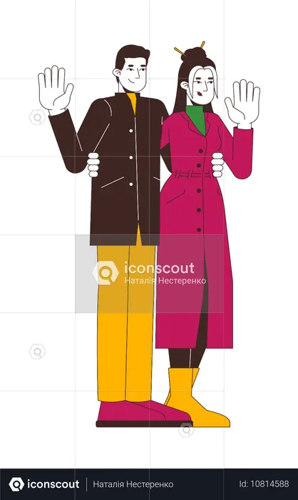 Fashionable couple in winter outerwear waving hands  Illustration