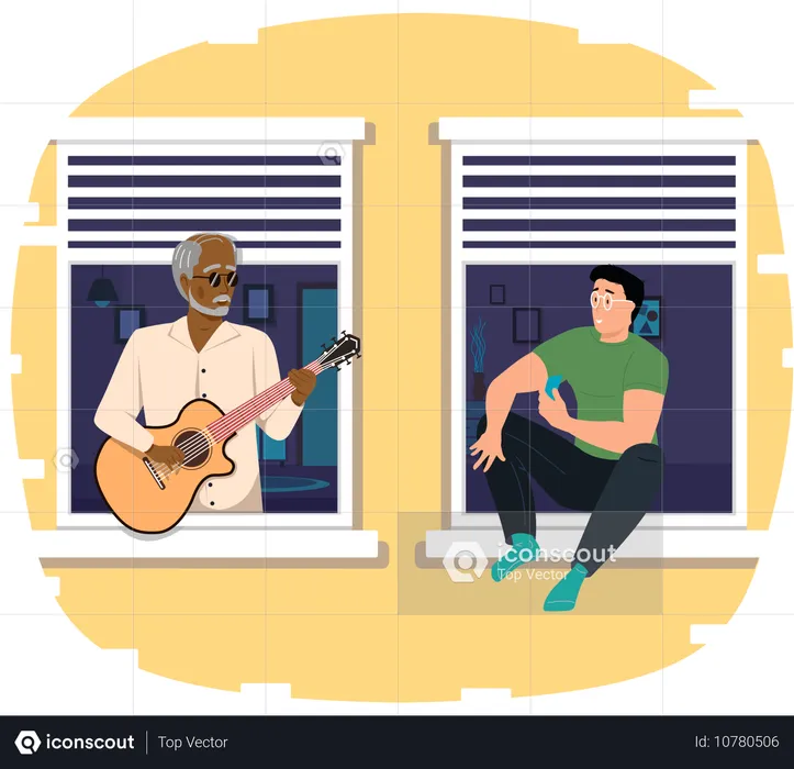 Fashionable elderly man on balcony plays guitar while other man singing  Illustration