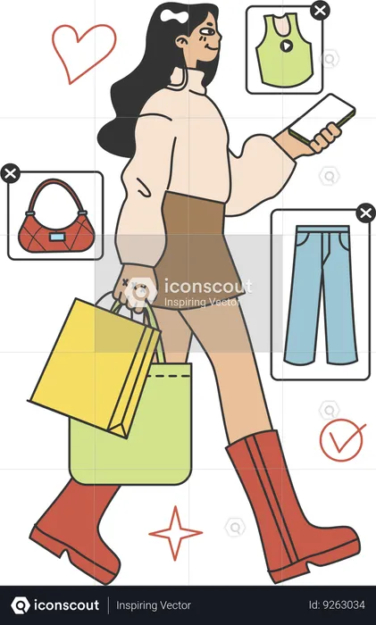 Fashionable girl walking while using mobile  Illustration