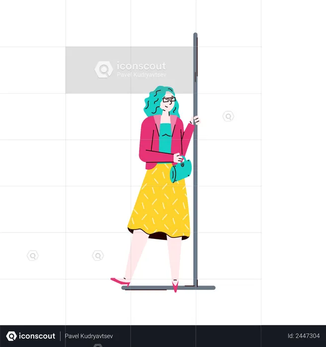 Fashionable woman holding handrails in subway train  Illustration