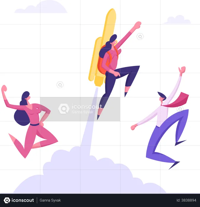 Fast Business Growth with Female Office Worker with Rocket on Back  Illustration