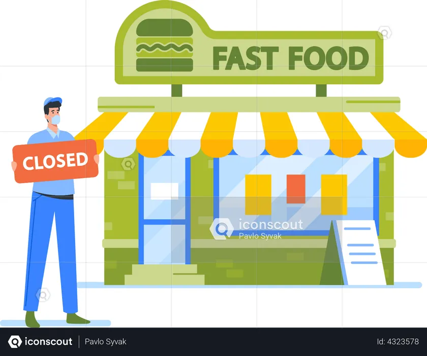 Fast Food Cafe Owner with Closed Sign  Illustration