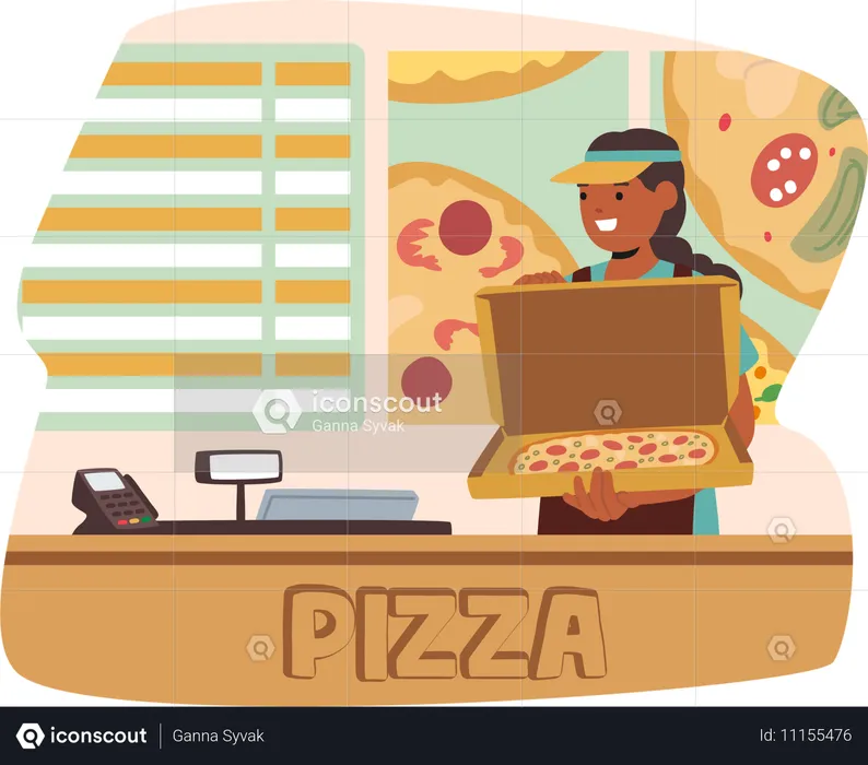 Fast Food Worker Holding Open Pizza Box At Counter. Scene Features A Cash Register, Smiling Employee  Illustration